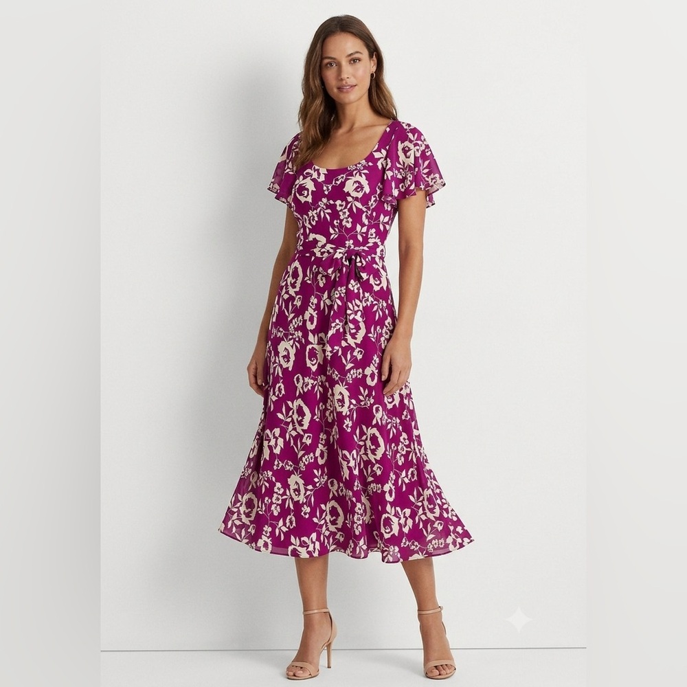 NWT Lauren Ralph Lauren Hawaii Floral Midi Tiered Belted Dress Sz 2 Ruffle Sleer
